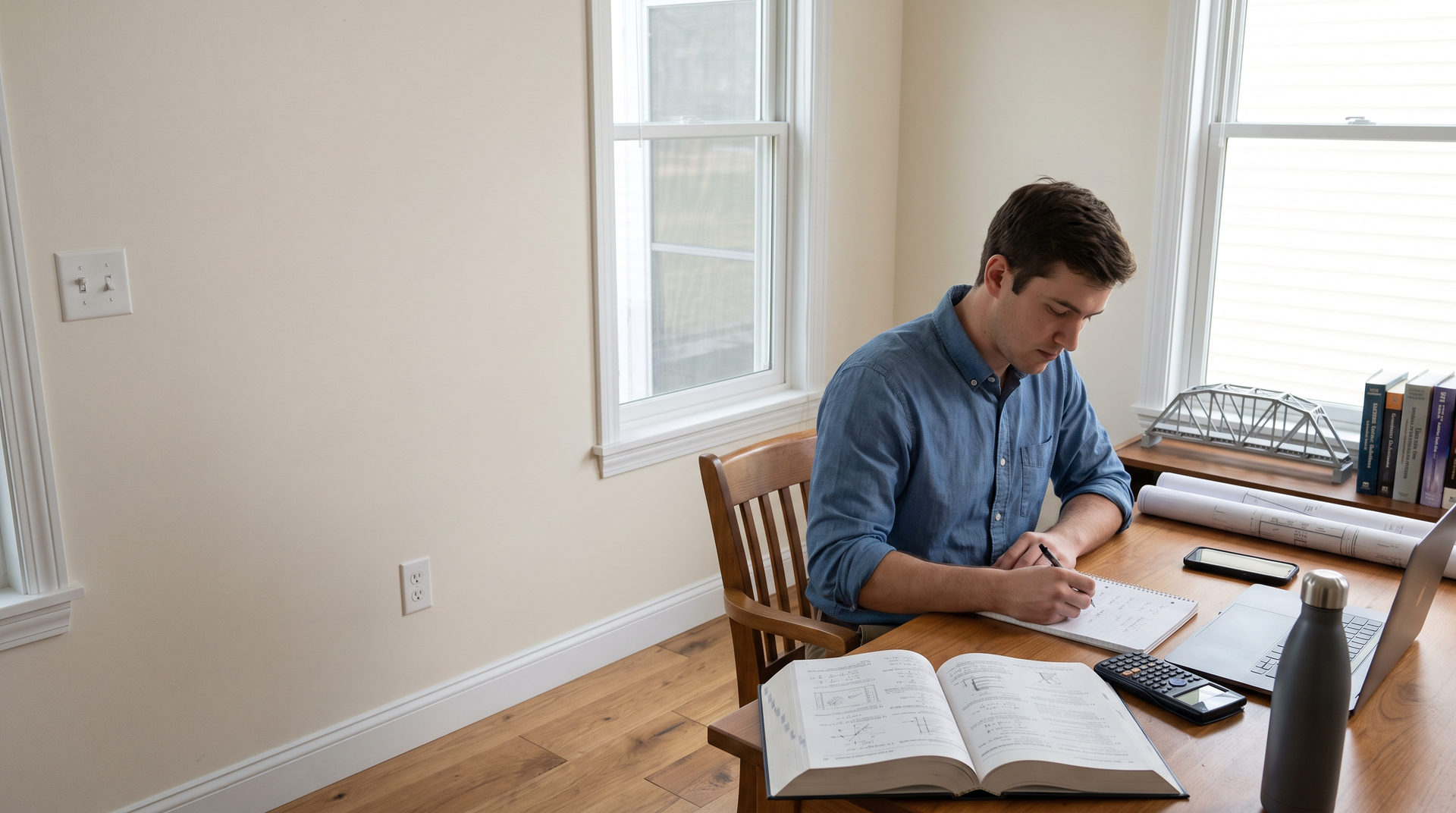 An engineer in their mid-twenties preparing for the FE exam at a desk in a bright American home study, working through handwritten calculations beside an open reference handbook, a laptop, a scientific calculator and a small steel truss bridge model.