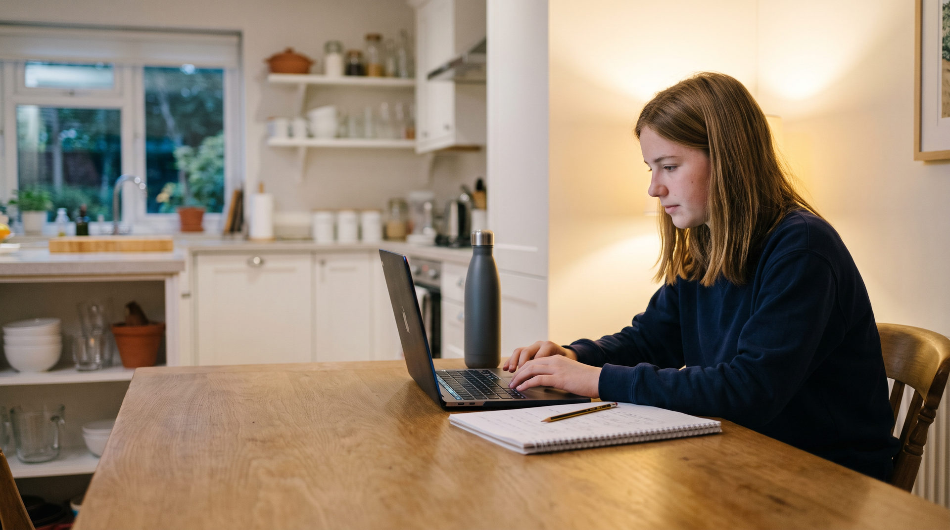 A high school student working through a practice test on a laptop at a kitchen table at dusk, an open notebook and pen beside it.