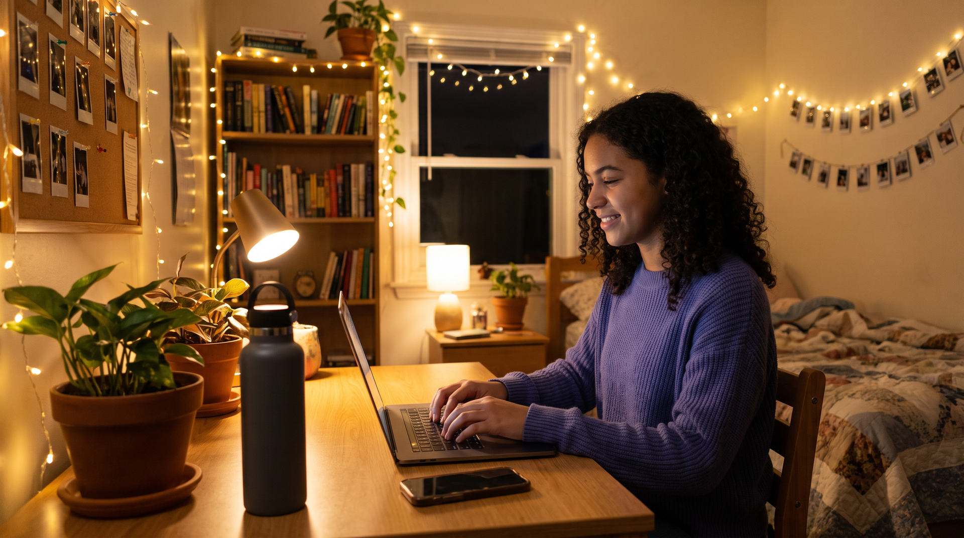 A high school student studying on a laptop at a desk in her bedroom in the evening, warm string lights along the wall behind her.